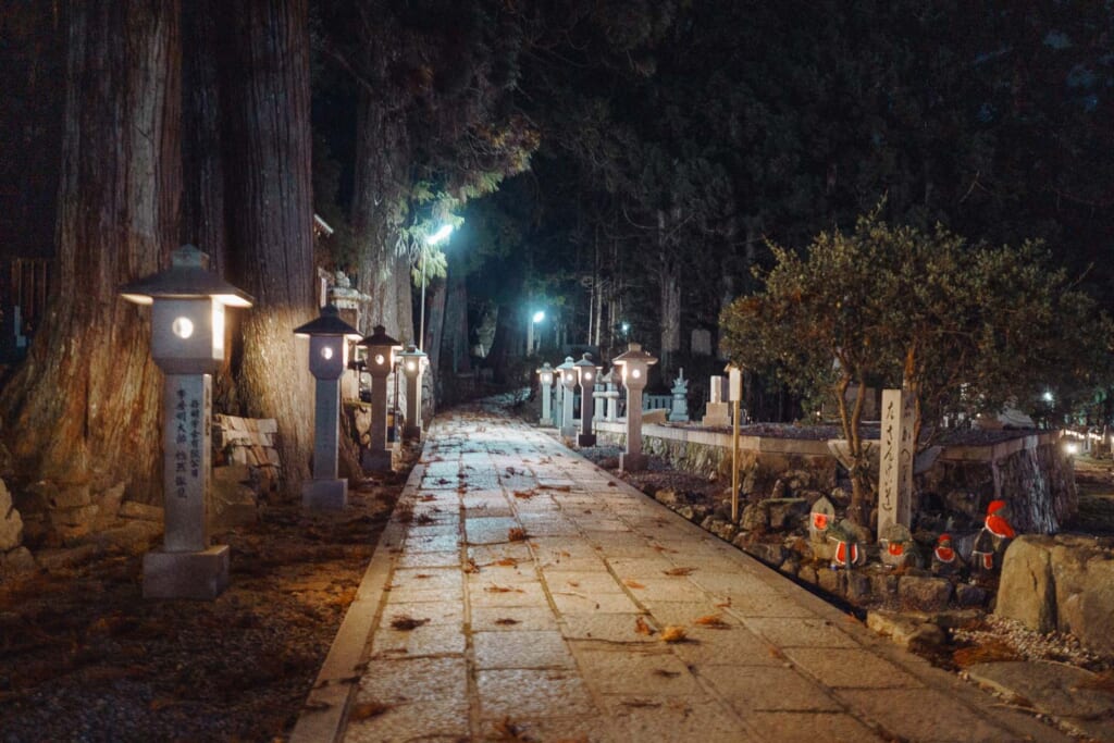 Allée d'un cimetierre japonais de nuit