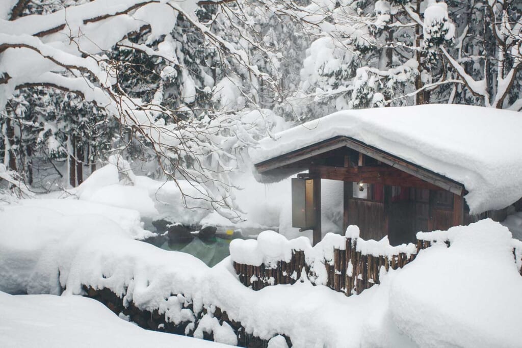 Une maison en bois dotée d'un onsen nichée dans une forêt recouverte de neige