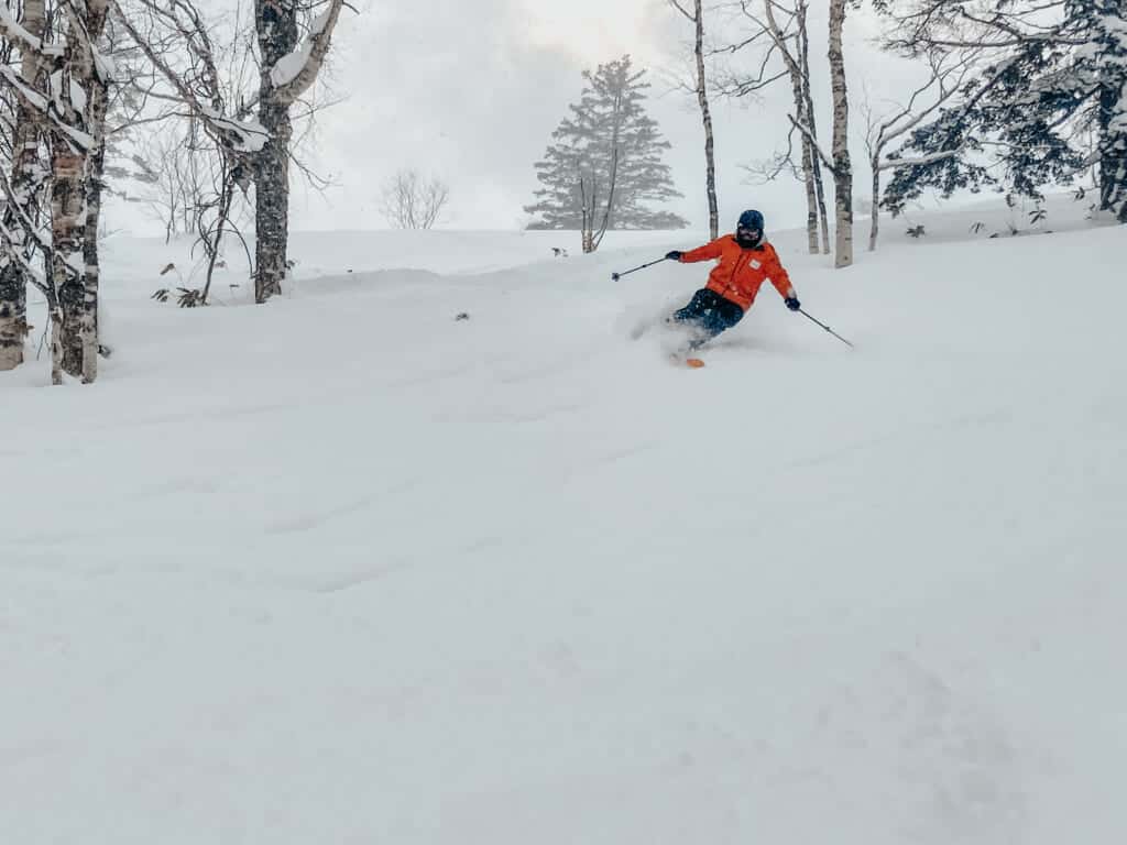 Un skieur dévale une pente recouverte de neige poudreuse à Hokkaido