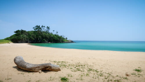 plage de sable fin et petite île à Iki, au Japon