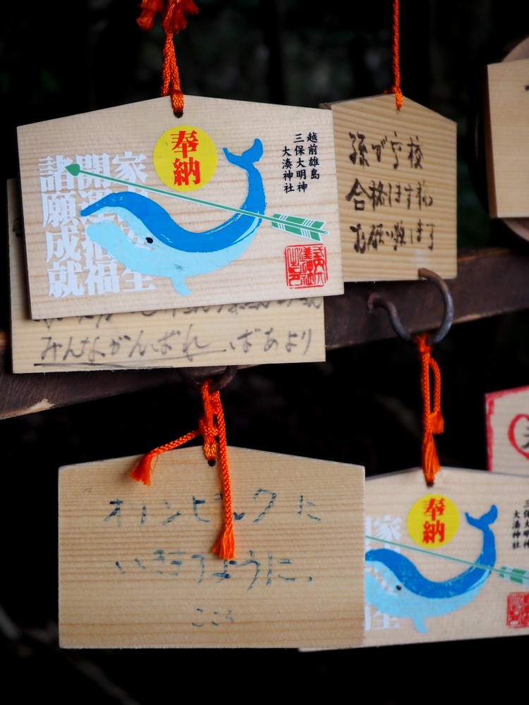 Ema, plaquettes votives ornées d'une baleine du sanctuaire Ominato