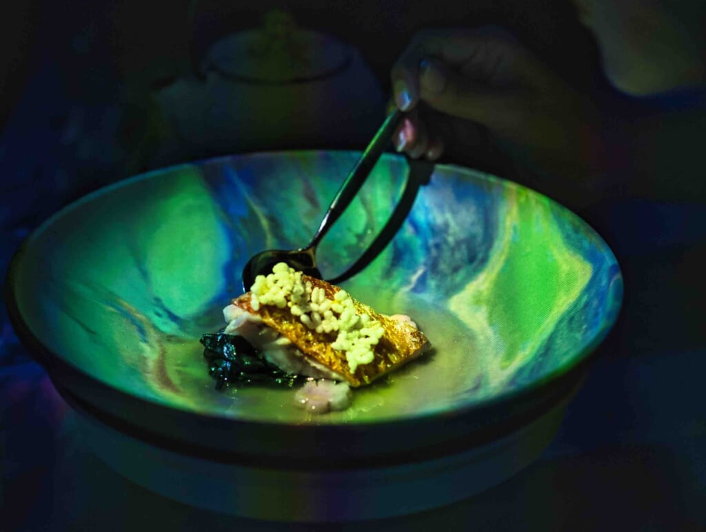 plat japonais haut de gamme dans un bol multicolore rehaussé de projections