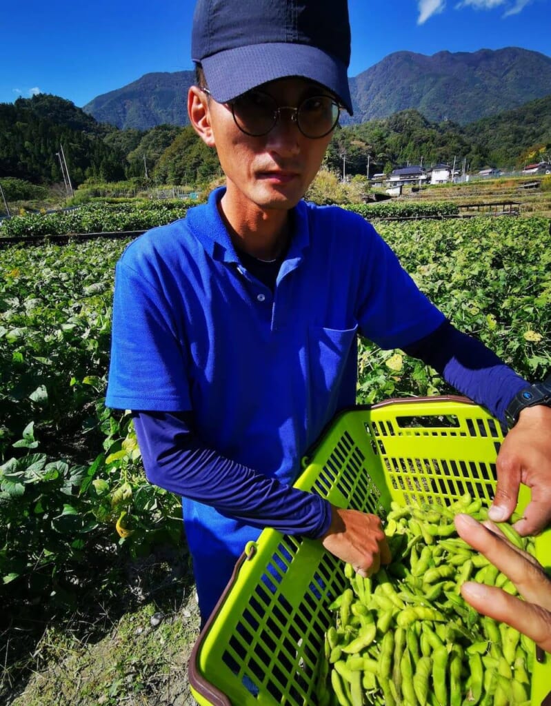 fermier qui a recolté dans un panier des fèves de soja