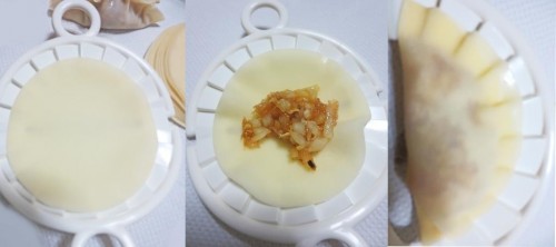 Doblando unas gyozas vegetarianas japonesas