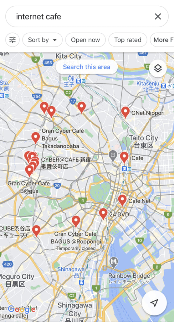 mapa de manga cafes de tokio