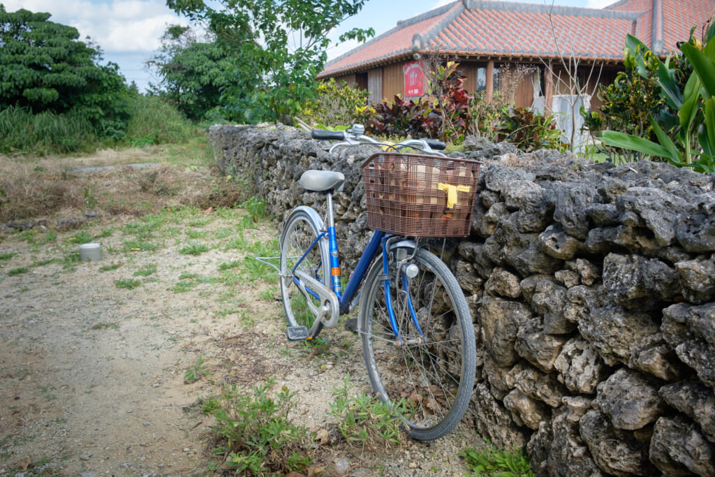 una bicicleta en un muro de piedra en la isla de taketomi 