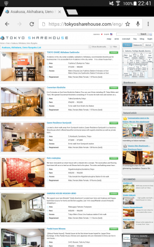 Die Seite "Tokyo Sharehouse".