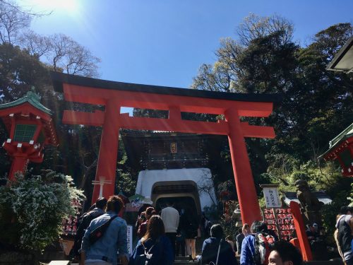 Das rote Tori-Tor vor dem Enoshima- Hauptschrein.