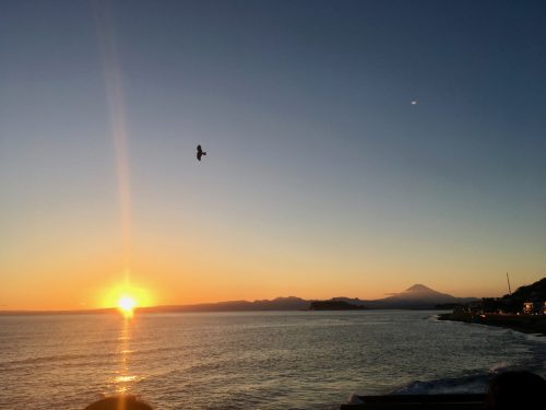 The beach of Kamakura with Mount Fuji in the background, Japan. 