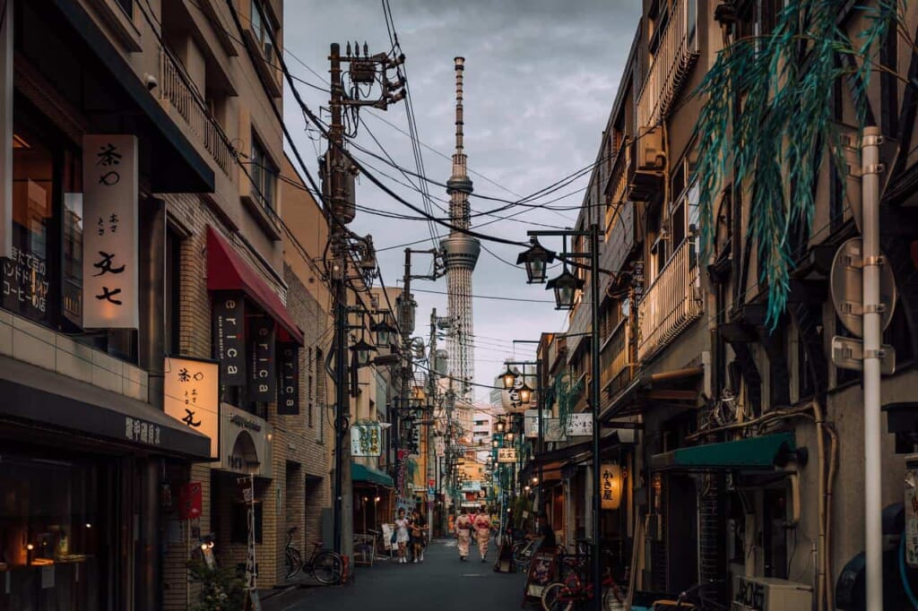 Tokyo Skytree und umliegende Stadtlandschaft mit zwei Frauen im Kimono.