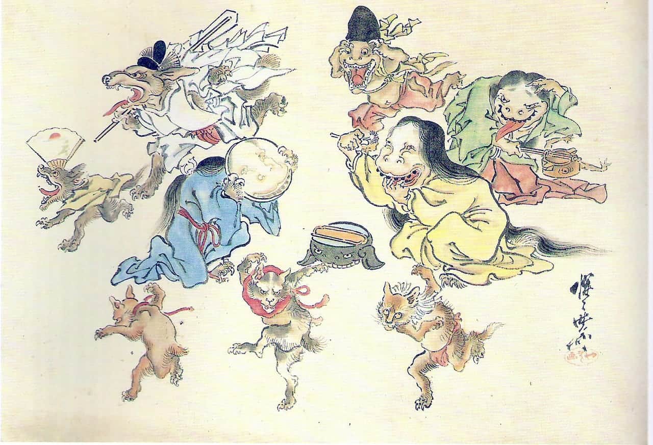 Zeichnung von mehreren bunten Yokai mit gruseligen Gesichtern, die verschiedenen Aktivitäten nachgehen.